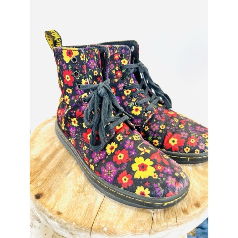 Dr Martens Marley Floral Canvas Lace Up Boots Girls 3 Flowers - Picture 1 of 8